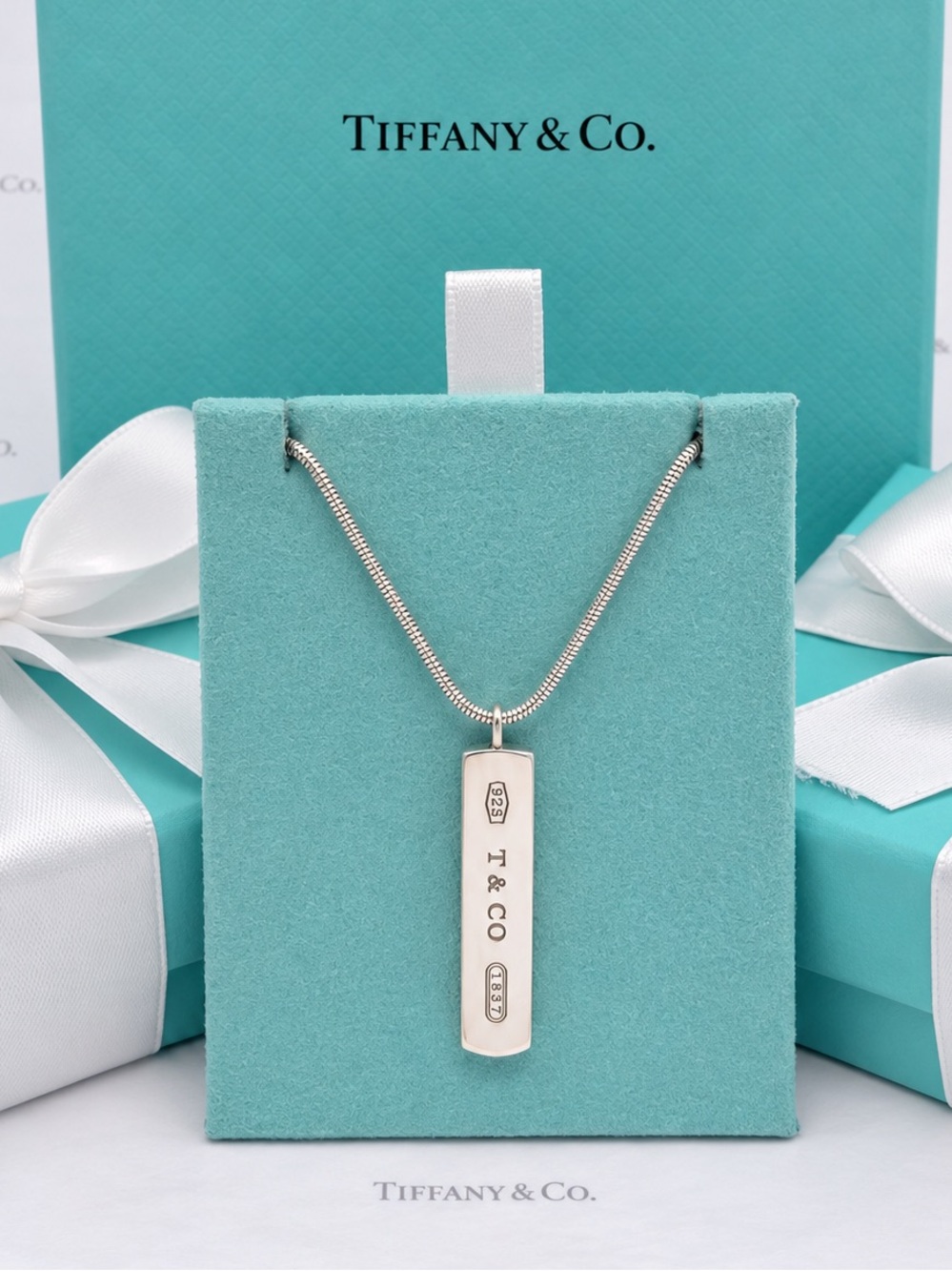 Tiffany & Co 1837 Bar Pendant Necklace 17" Sterling Silver 925 Gift Pouch & Box